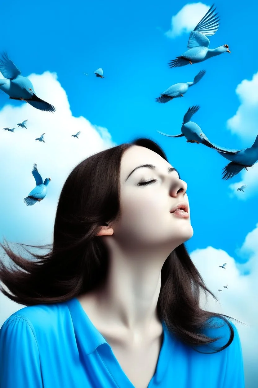 woman birds sky blue