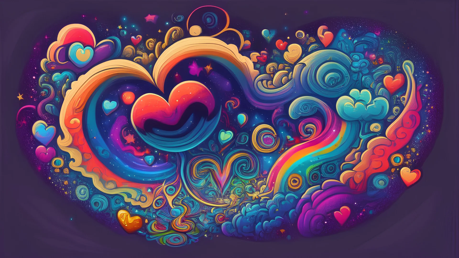 Cute cartoon animated trippy psychedelic multicolor galaxy swirling within a cartoon love heart