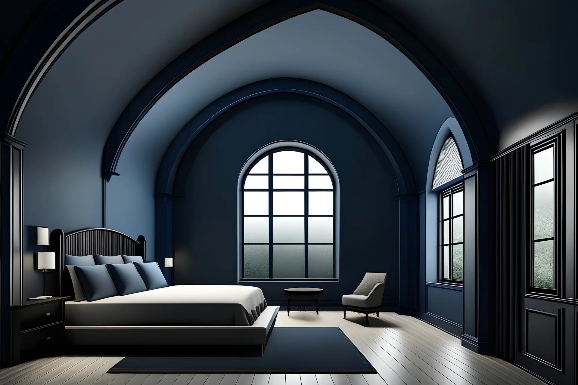 arched ceiling modern minimalist navy bedroom