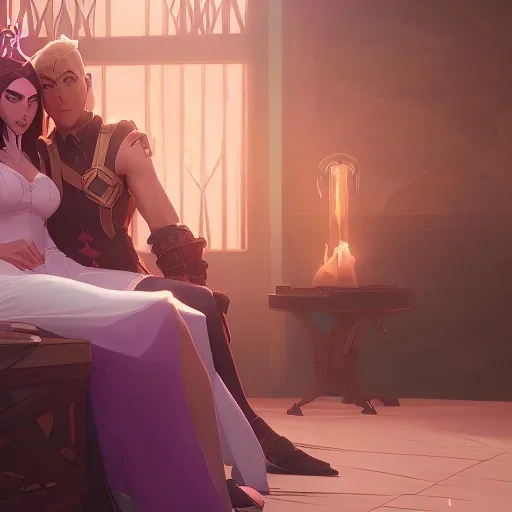 a heroic fantasy wizard laying in bed with a gorgeous princess in a revealing dress