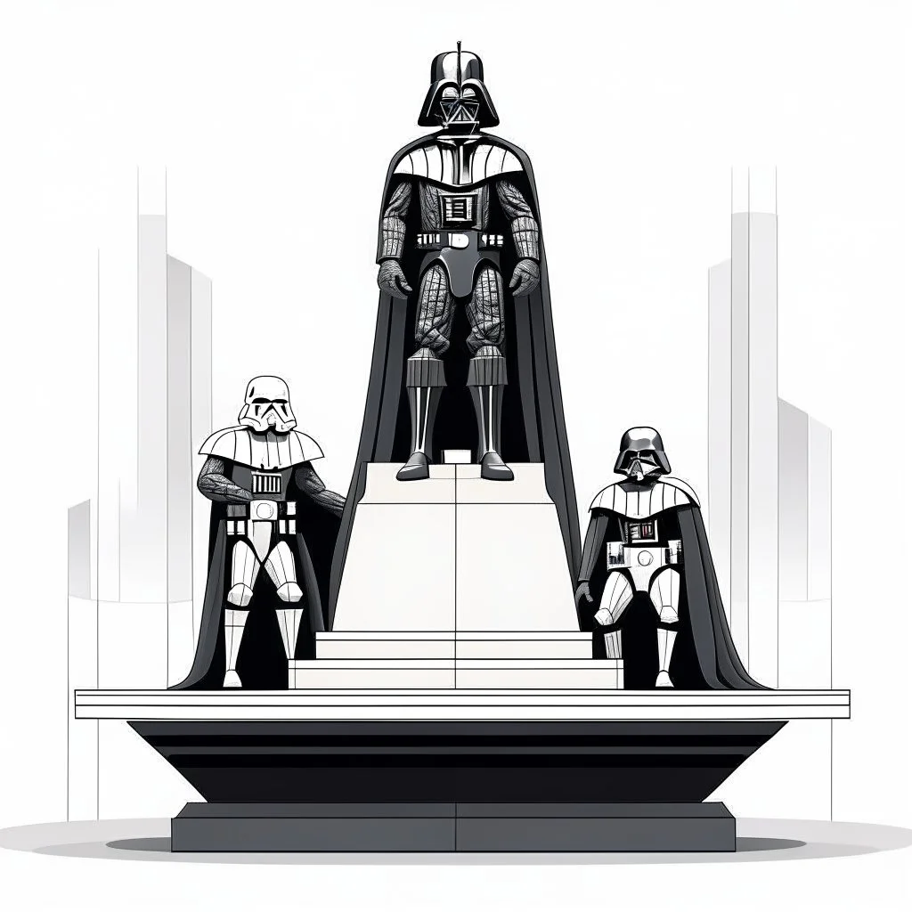 Create a beautiful illustration that showcases Darth Vader, adorned in his iconic black cape, standing triumphantly on the highest Olympic podium as the undisputed champion. Flanking him on two lower podiums are two white-clad Stormtroopers, looking sullen. Set this scene against a white background.