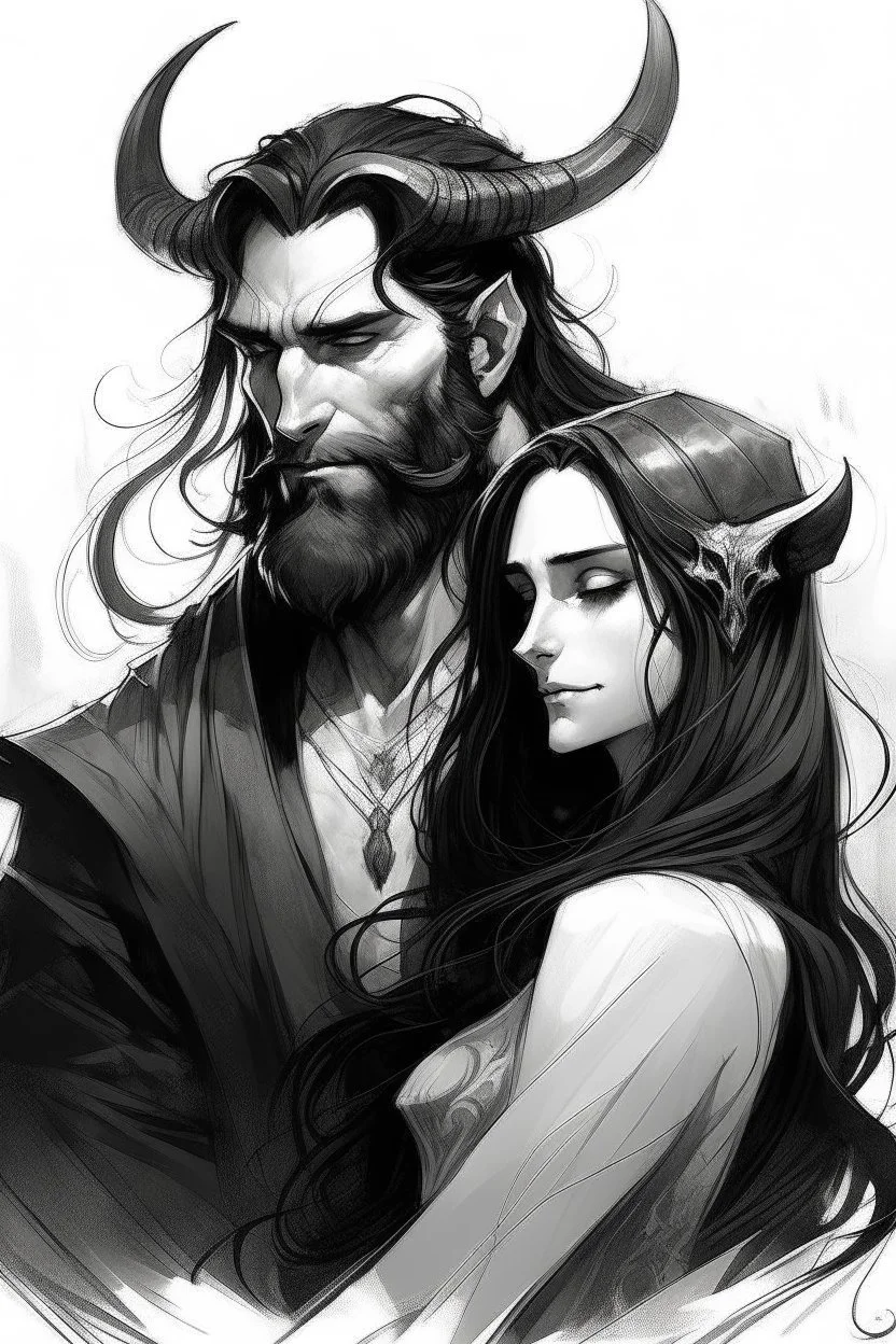 Sketch, Beard, dark hair, demon prince, horns, handsome, mysterious, gentle, embracing a beautiful woman with long dark hair