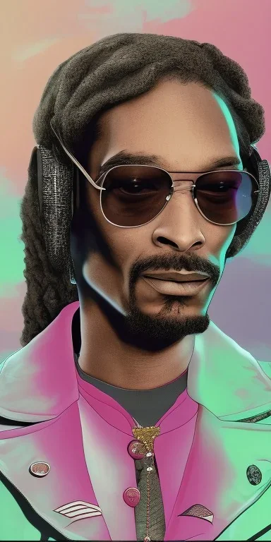 Snoop dogg. a chair. pink houses, pink sky, pink smoke, trees, outdoors