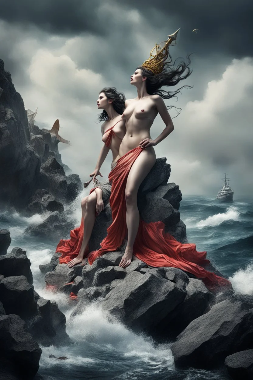 dramatic digital illustration, hyperrealistic modern reimagining of the elegant yet sinister Sirens of Greek lore sitting on craggy rocks in middle of a rough ocean singing ships to destruction, color pop, dramatic, complex contrast, dynamic composition; masterpiece, repoussoir,