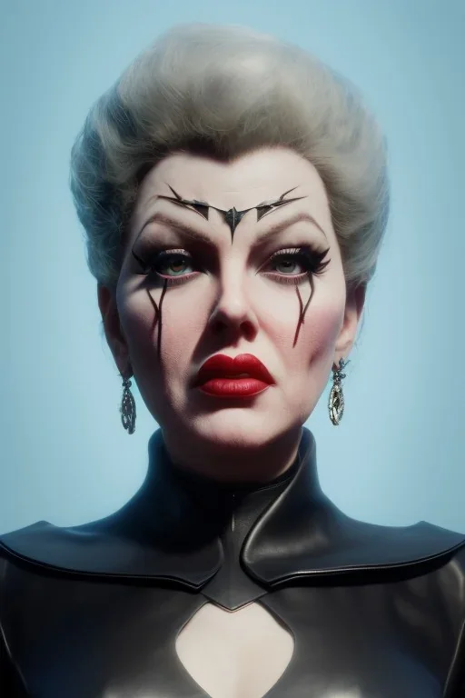 Lana Turner as evil queen in black leather, leather, busty, cleavage, angry, stern look. character design by cory loftis, fenghua zhong, ryohei hase, ismail inceoglu and ruan jia. unreal engine 5, artistic lighting, highly detailed, photorealistic, fantasy