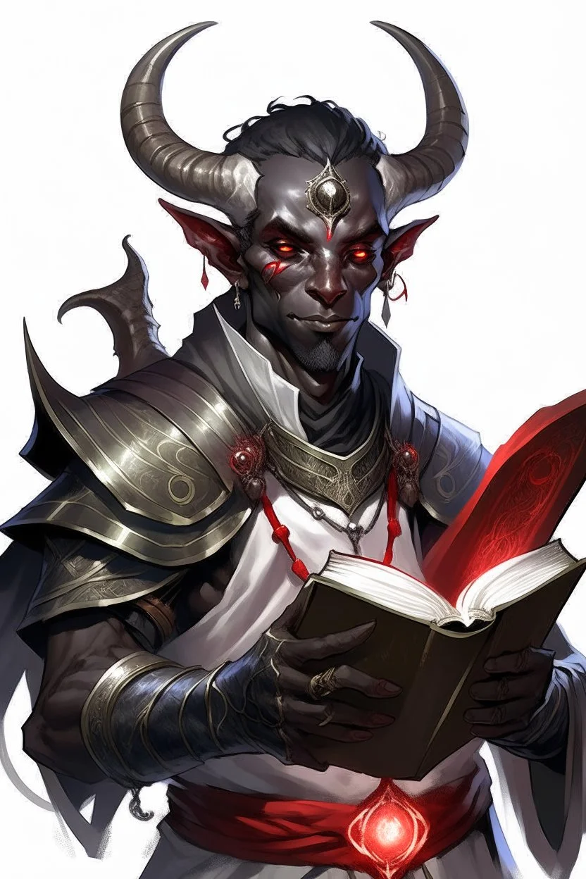 En Young male black skin tiefling fra dnd holding a book with Arcane Magic in a silver and White Rope. His horn a perfectly place on acet from the front to the back pointing upwards with glowing Red cat Eyes