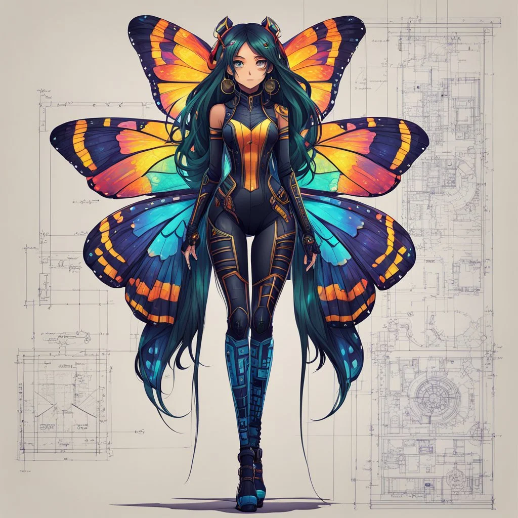 full body portrait illustration , long hair, with detailed blueprints and engineering schematics of a walking hybrid Madagascan sunset moth insect girl, in anime style, with highly detailed facial features, drawings, and technical notation, 8k, vibrant natural colors, tight bodysuit