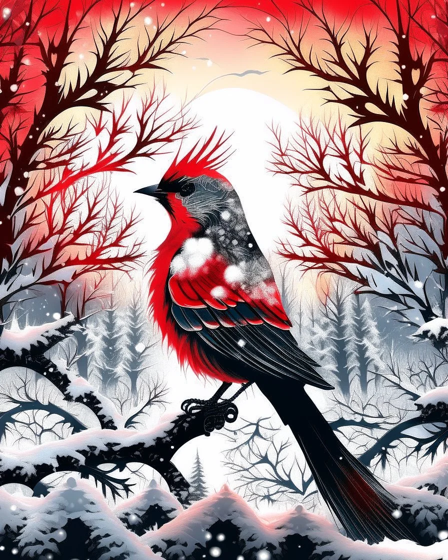 Create the silhouette of a cardinal in containing Double Exposure, a frosted berry woodland at sunrise; delicate branches form feather patterns, soft crimson highlights against snow-white textures, refined Christmas elegance. Background is black with many large snowflakes.