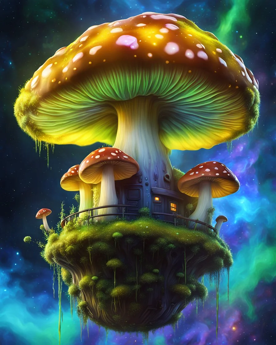 A floating island mushroom house in space. yellow green blue cosmic, deep space nebulas. Detailed gloss Painting, bright color, fantastical, intricate detail, splash screen, hyperdetailed, insane depth, concept art, 8k resolution, trending on Artstation, Unreal Engine 5, color depth, backlit, splash art, dramatic, High Quality Whimsical Fun Imaginative, good composition