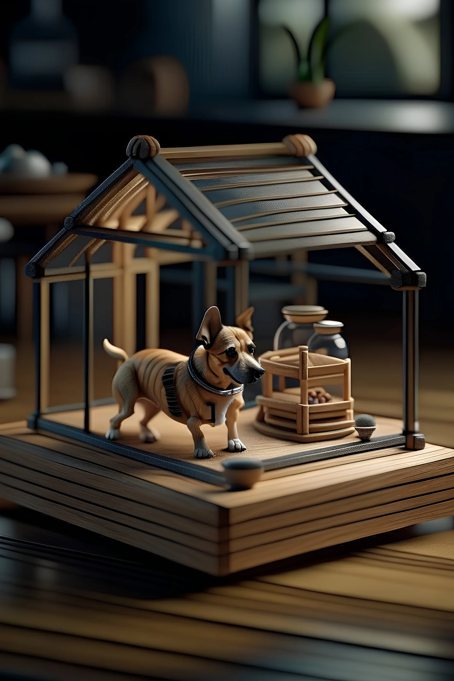 macro photo of dog ant in dog house on isometric model on beautiful luxury kitchen table, glass walls and tunnels in isometric perspective, photo-realistic, shot on Hasselblad h6d-400c, zeiss prime lens, bokeh like f/0.8, tilt-shift lens 8k, high detail, smooth render, down-light, unreal engine 5, cinema 4d, HDR