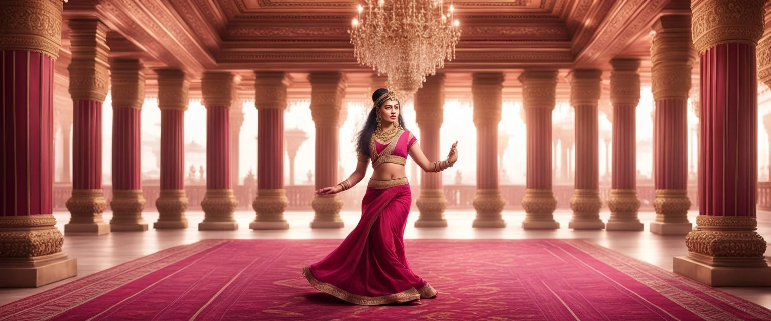 Hyper Realistic Beautiful Young Indian Queen Dancing in a traditionally beautiful Indian palace with traditional pillars with small fancy chandeliers & beautiful maroon carpet