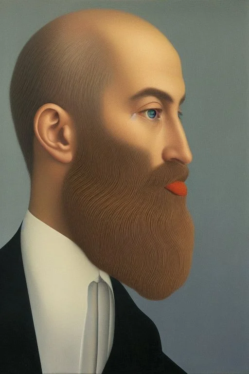 poetical, surreal minimalistic artwork, a 40 years old man with a huge beard filled with coloured musical notes, side light, side view, photorealistic, a painture in the style of Max Ernst, Renè Magritte,