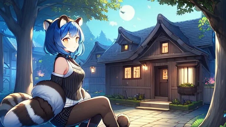 Girl, blue hair raccoon tail, raccoon ears, house, night time, forest, raccoon paws in foot,