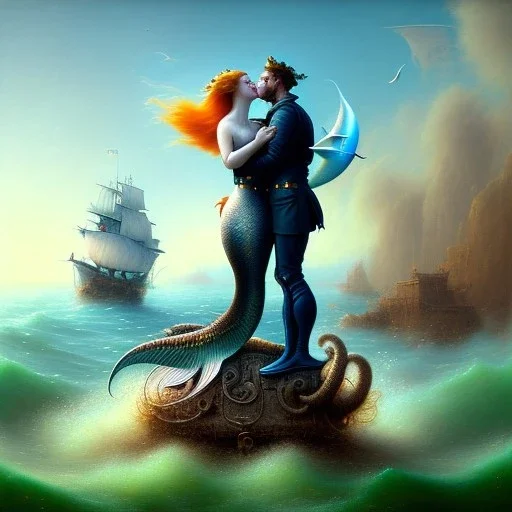 A beautiful portrait of a two mermaid couple kissing , leaning on a ships deck ,Rough sea in the background, a shark,snails, seashells (digitall art by Eugene de Blaas and Ross Tran, vibrant color scheme, highly detailed, in the style of romanticism, cinematic, artstation best quality, realistic lighting, masterpiece portrait, details light dusting , cowboy shot from above, simple chain hauberk Vector art digital illustration 3D shading )