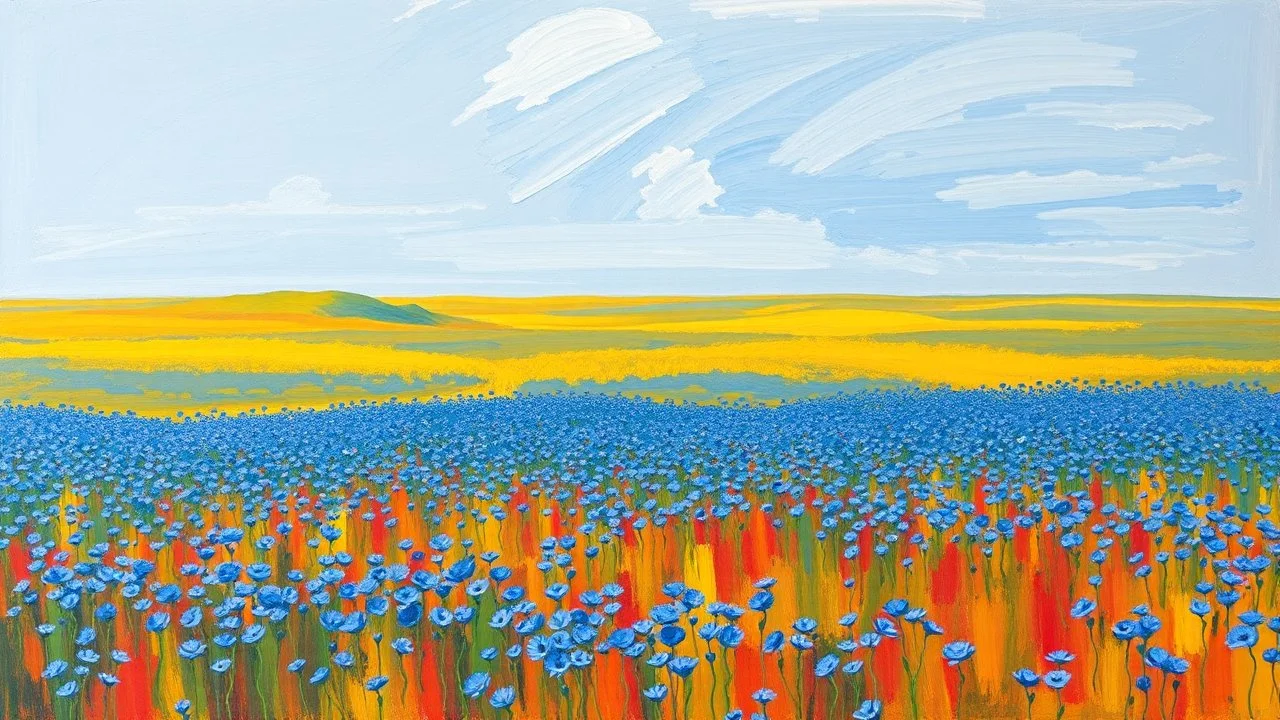 A color field, by Willem de Kooning, and Franz Kline, of a wide field with thousands of blue nemophila, Post-Realism