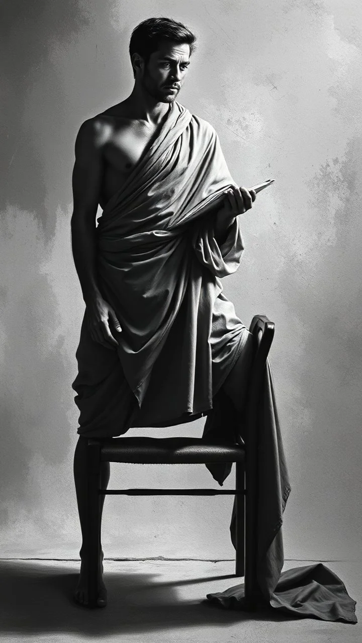 A man standing on a chair, holdin the image is a highly detailed, monochromatic masterpiece. is depicted with breathtaking precision. The contrast of light and shadow, the intricate textures of fabric and skin, all combine to be so realistic, it almost appears to breathe. This work o