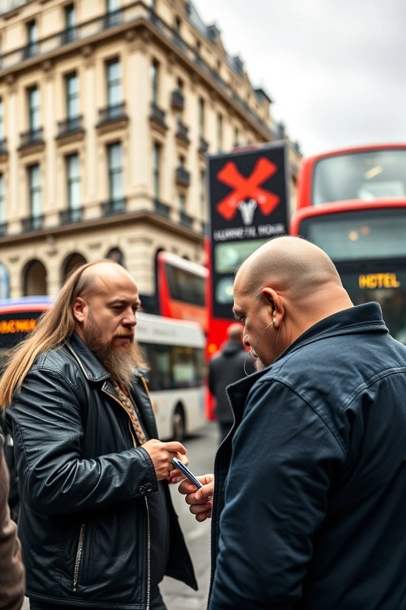 A stalker wants an autograph from a long-haired rock musician on a street in central London. The stalker is an overweight soon bald 25-year-old and looks a bit slimy, the atmosphere is oppressive and unpleasant, lot of traffic and london busses, hectic hour, a nice hotel