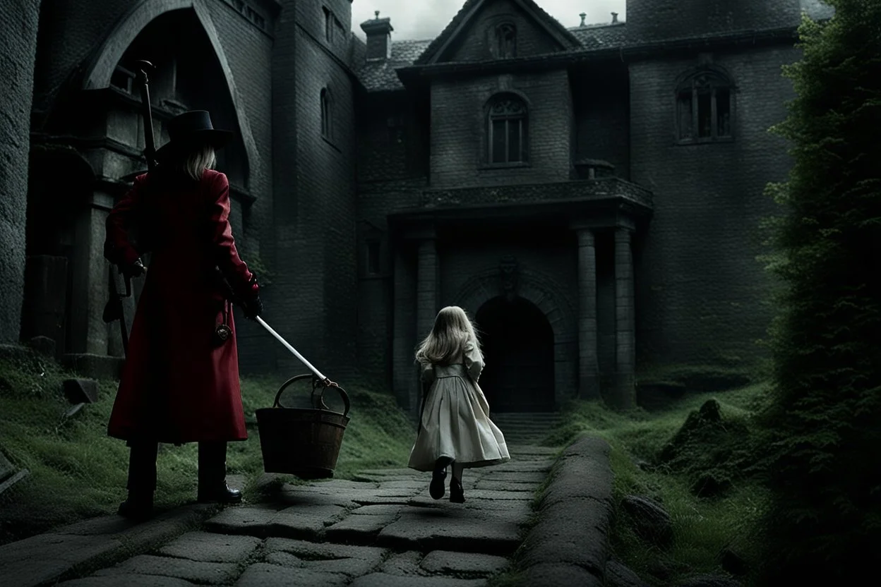 Still frame from the live-action "Hellsing" movie based on the anime of the same name. The scene is of a young Allegra escaping her uncle in the dungeon below the manor.