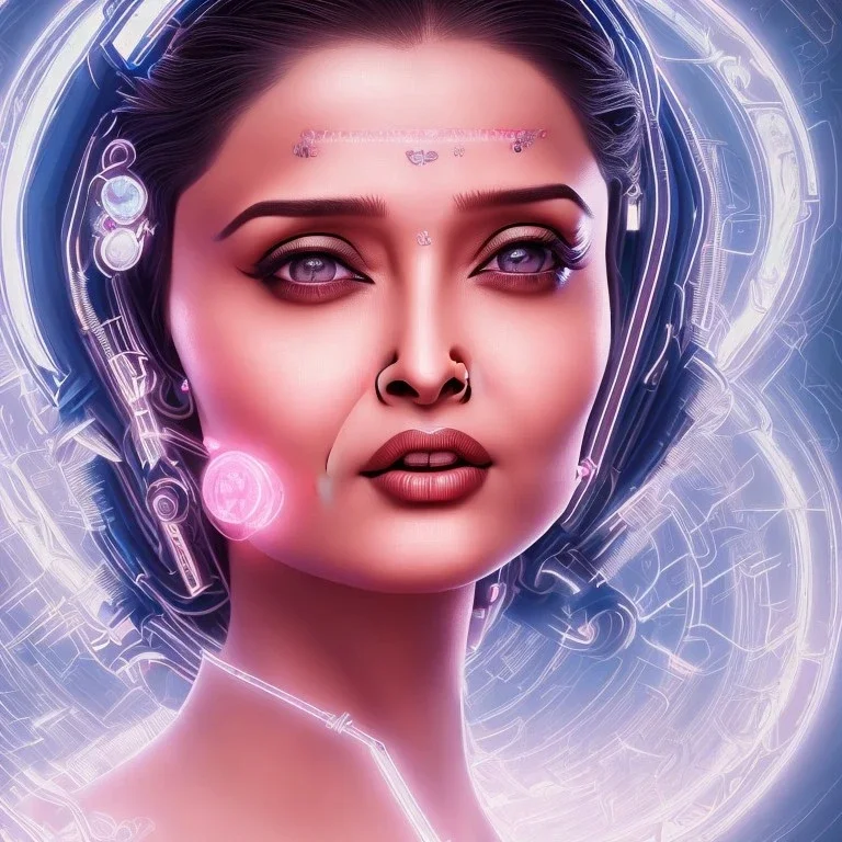 beautiful indian actress aishwarya rai ,cyberpunk, head, women, portrai, tron sketch of a girl on lined paperA beautiful one nude body of a make up smiling woman blond long hair, alone, high key lighting, volumetric light high details with white stripes and blue eye, smiling with plump pink lips, flowers around, unreal engine petit prince belle fine, profil de trois quart, grand front cosmique, peau bleu cristalline, yeux bleu, perle sur le front long cheveux blond et rose etoilé