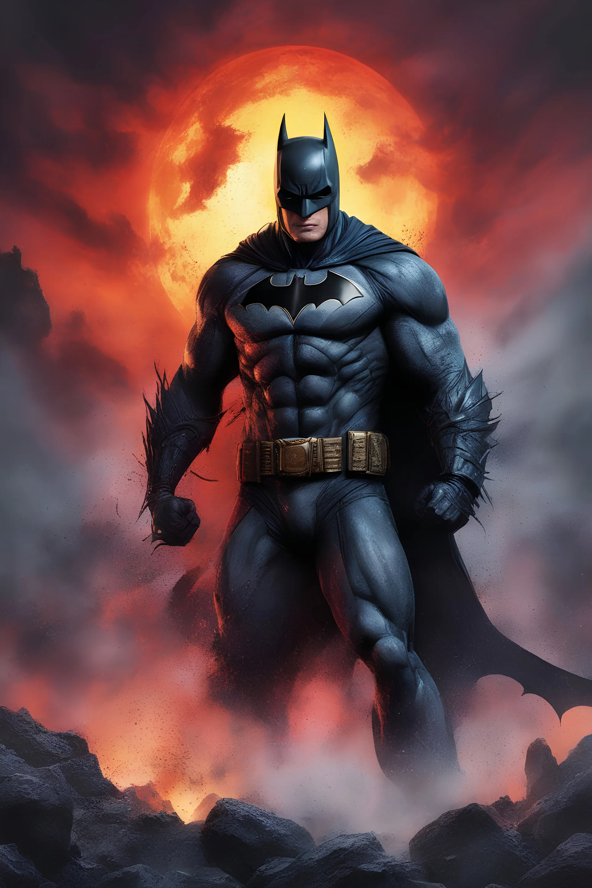 Batman, Strong, athletic physique, action poses, battle scars, blood, foggy, cloudy background, multicolored lightning, flowing lava, Full Eclipse, aliens, explosions, bright, vibrant, extremely colorful, detailed, blood red skies.