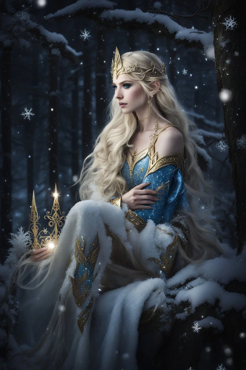 Elven princess,elven crown,long blonde golden hair,rapunzel hair,ice flowers,beautiful,light blue,dark blue,golden armor,sparkle,glitter,ice flowers,snow,elven ears,dark fairy princess