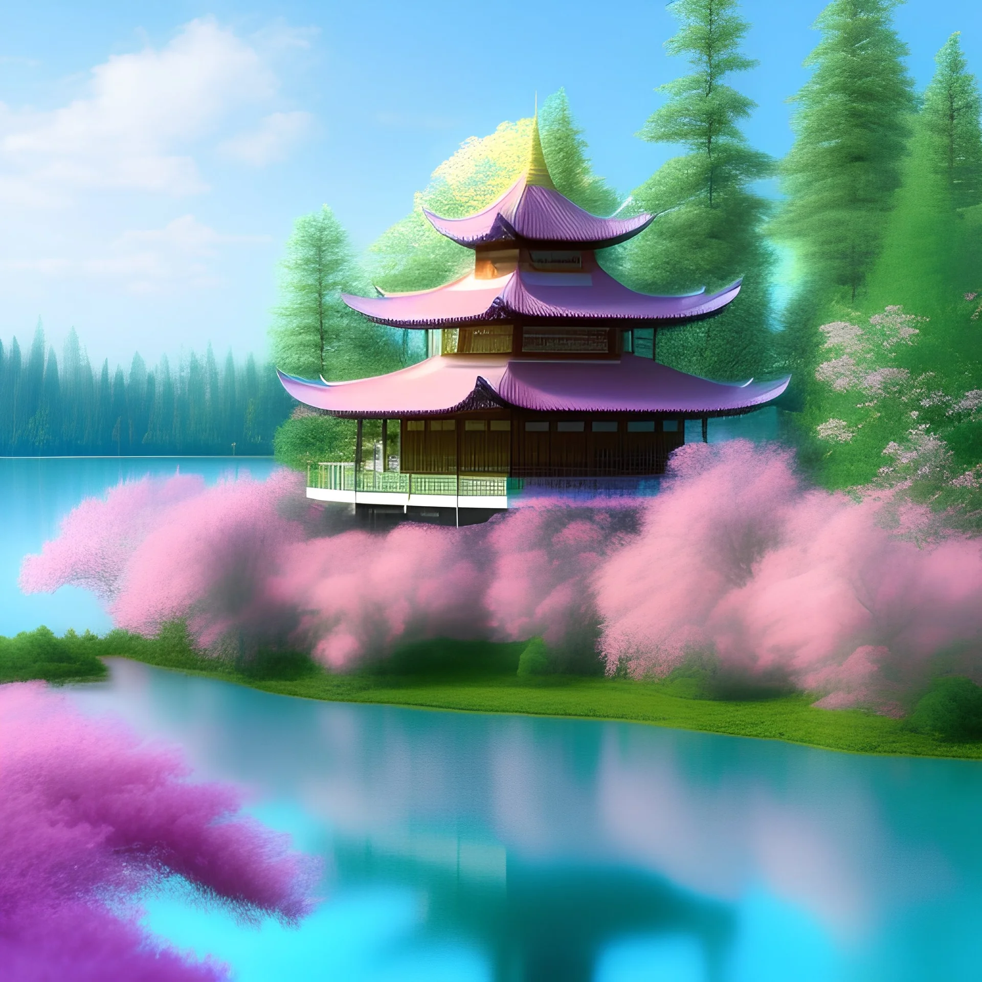 jolie petite maison asiatique lacustre, lac turquoise, ciel rose et bleu, lumière, fleurs délicates, ambiance très réelle, 8k