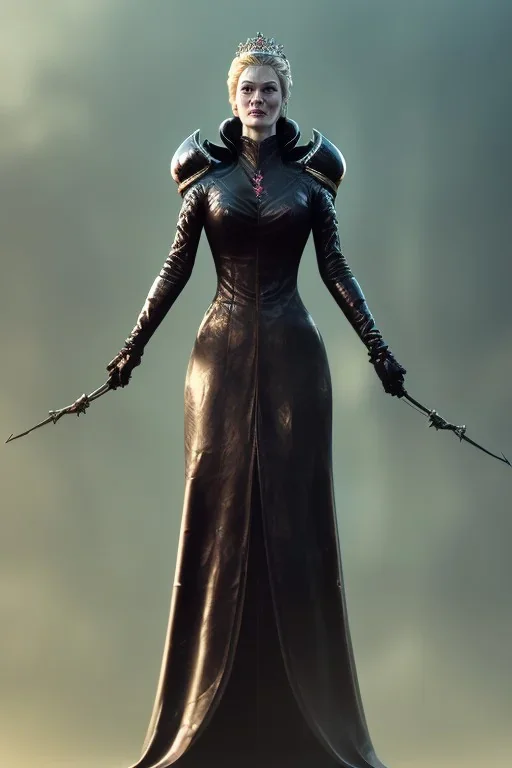 Cersei Lannister as evil queen in black leather, busty, cleavage, curvy, lena headay, angry, stern look. character design by cory loftis, fenghua zhong, ryohei hase, ismail inceoglu and ruan jia. unreal engine 5, artistic lighting, highly detailed, photorealistic, fantasy