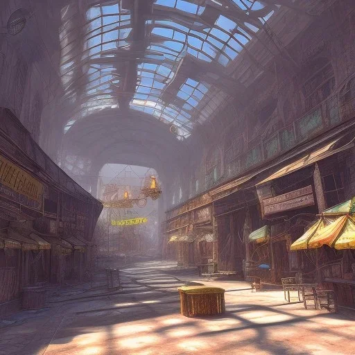 An abandoned city marketplace, unreal-5 engine volumetric lighting, intricate details, realistic style