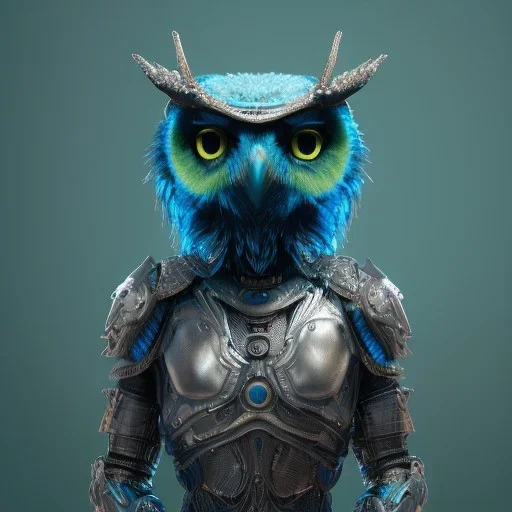 Anthropomorphic blue owl, big green eyes, lots of details, portrait, finely detailed armor, cinematic lighting, intricate filigree metal design, 8k, unreal engine, octane render, realistic, redshift render