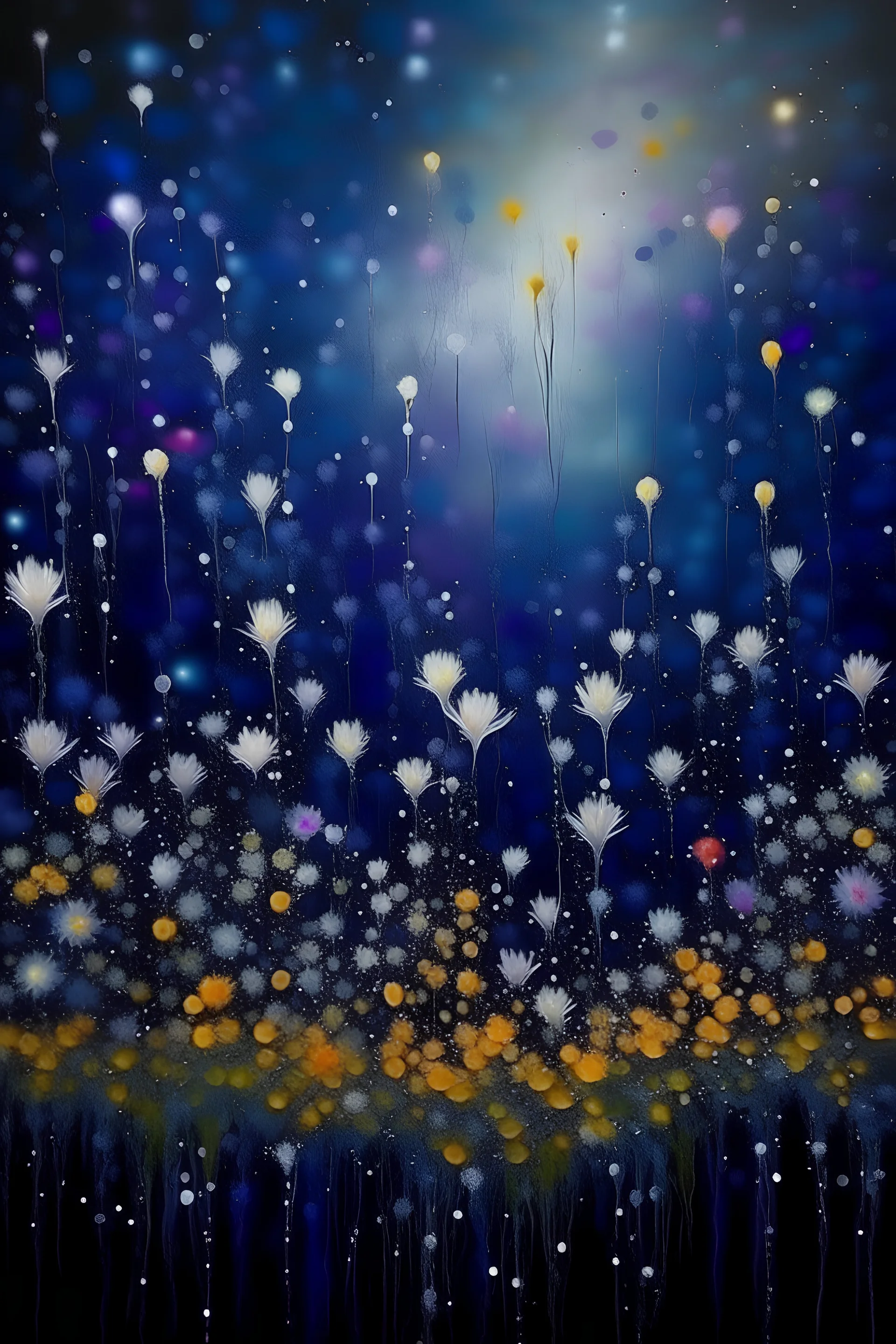 The night is dripping with flowers, acrylic painting, fine splatters, fantastic, dream like