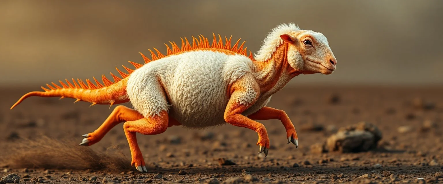 a sheep with no hair or wool, and orange lizard like skin, running crazy like a dino