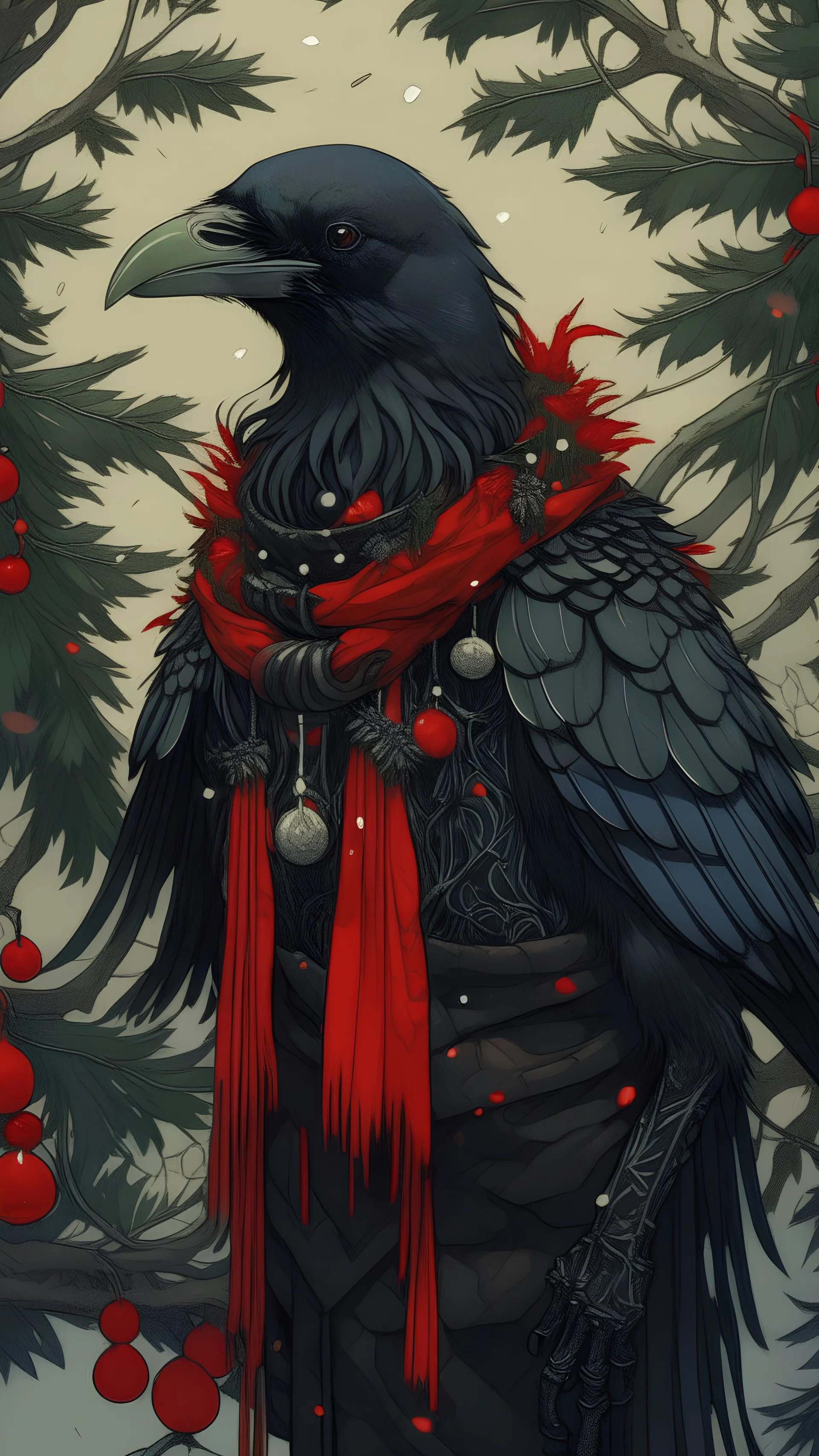 An illustration by Jakuchu and Matisse of a human-like raven adorned in a punk leather jacket within a Christmas atmosphere.