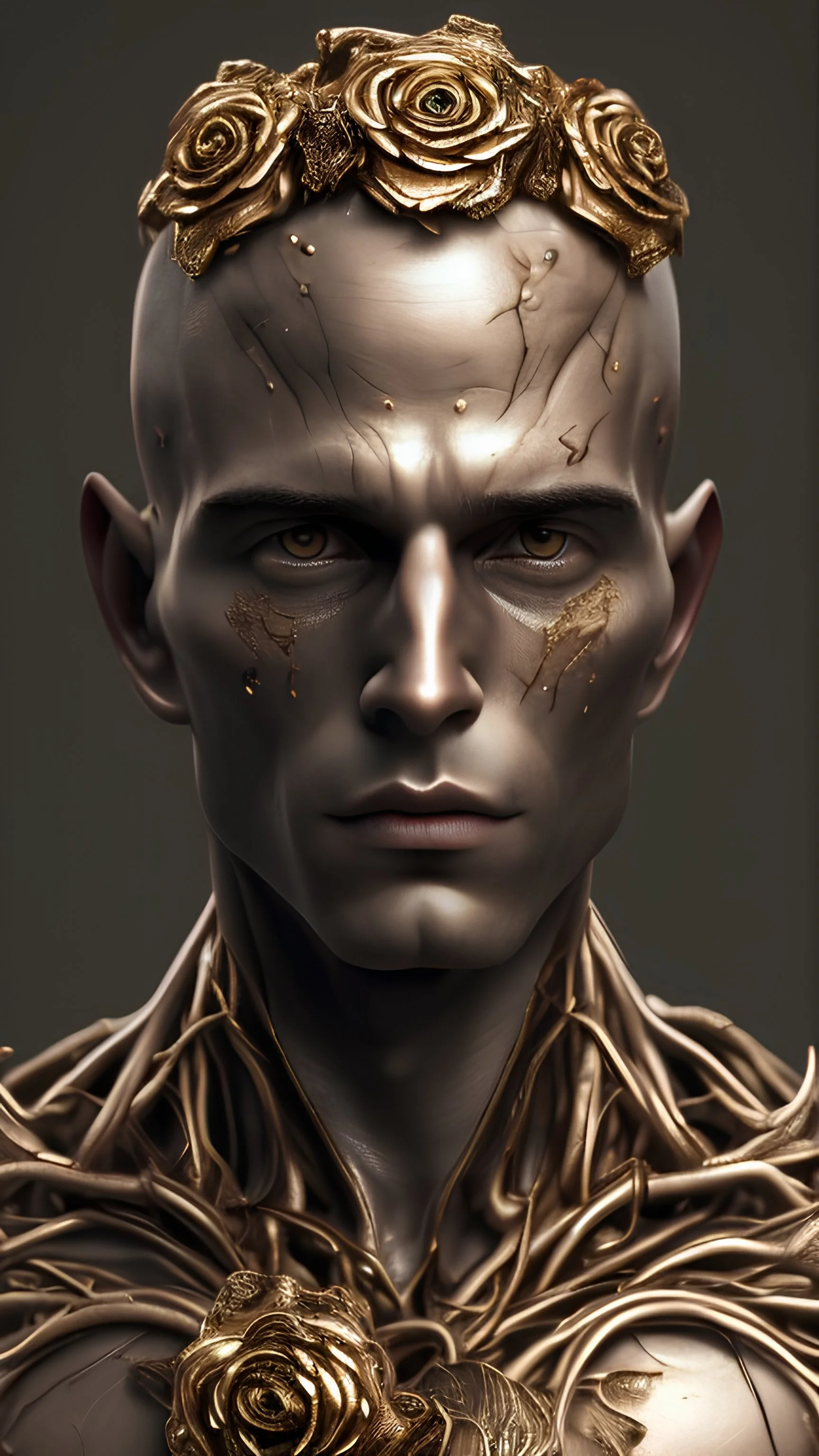 photo realistic youthful male dryad , handsome, shaved head, bald, cheek bones, gold eyes, slim physique, octane render, raised detail, molten metalics, rose headress, high resolution, insane details, anatomically correct, 3d intricate rose bracelets, 3d intricate rose necklace, raised details, metalics, rough textured, full bloom roses, radiant, very detailed, cinematic, 3d