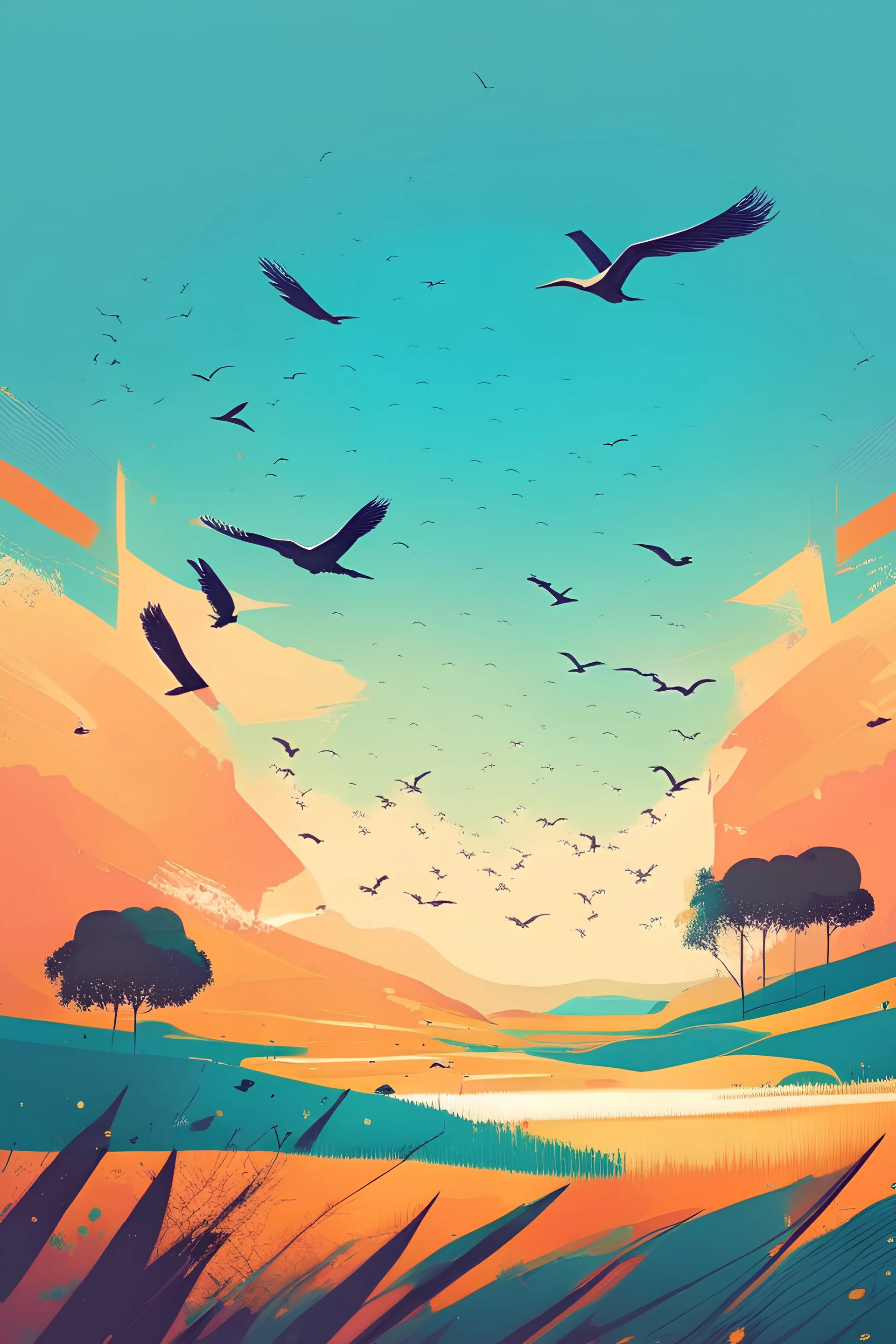 Landscape with birds flying on summer , abstract style