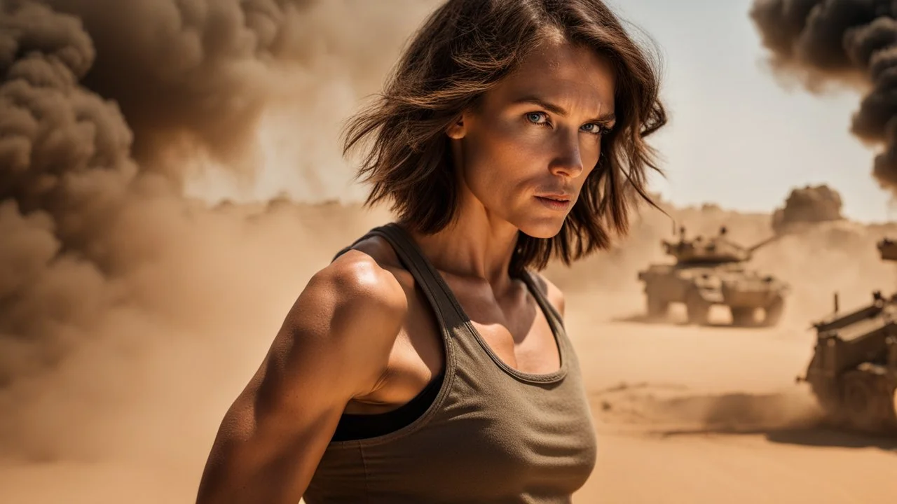 beautiful slender caucasian female technician with a small knife, black tank top, well toned muscles, weathered face, scratched sand camo metal details, short brunette wavy bob haircut, dystopian, desert scene with smoke and explosions, opponent is a giant muscular soldier