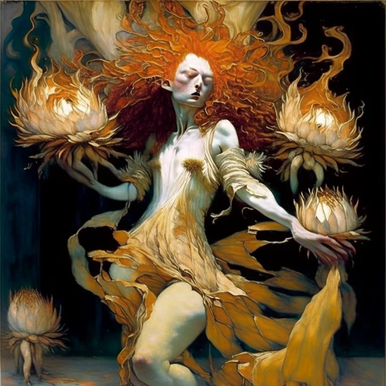 Flaming protea dance.. Modifiers: fantasy ethereal fantastic view crisp quality Dante Gabriel Rossetti Gustav Klimt dreamy Francisco Goya Epic Steve Hanks translucent Stephen Gammell Esao Andrews enchanting Serge Marshennikov Camille rose Garcia August Malmstrom Giovanni di Paolo