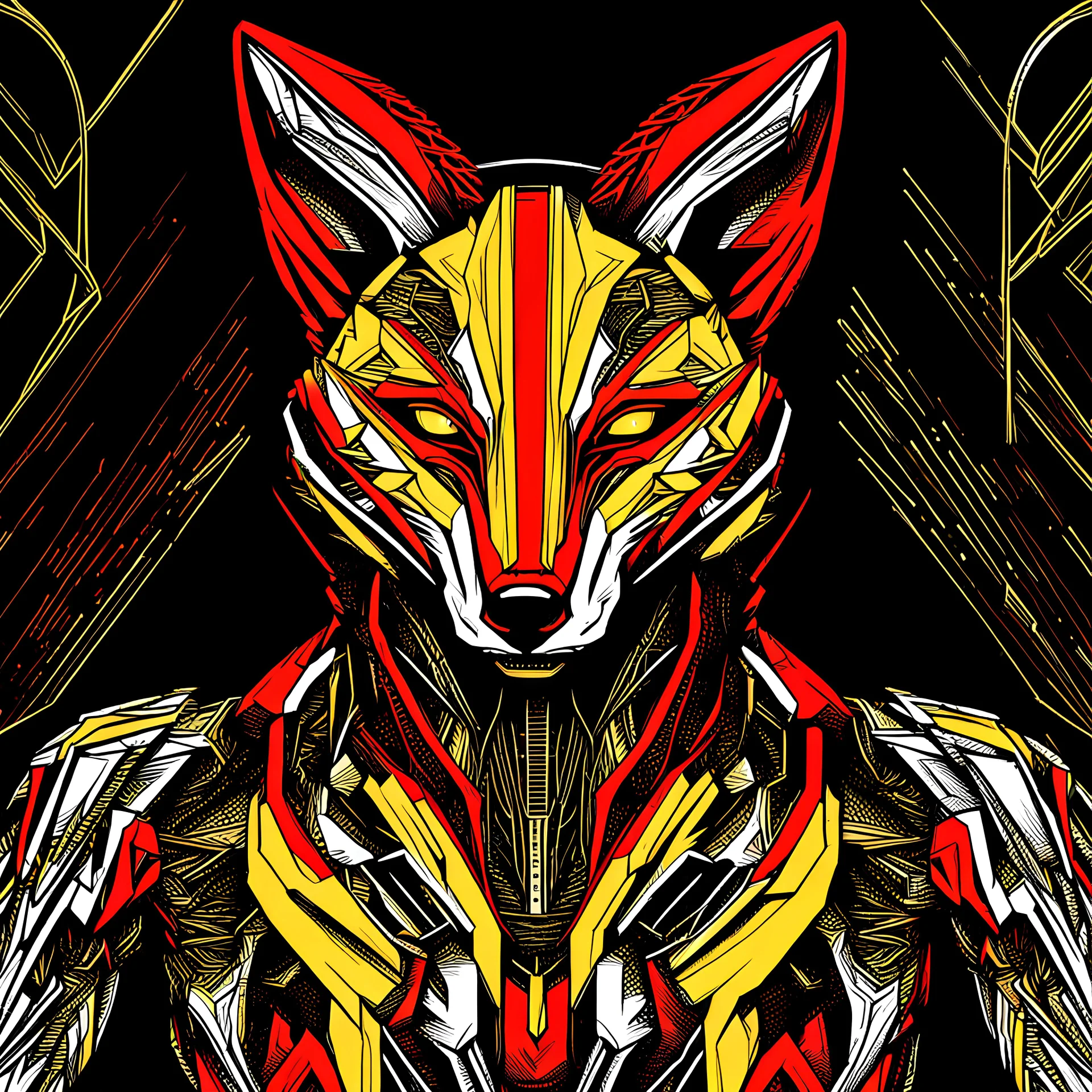 Fox humanoide arte lineal, calidad ultra 12k, colores negro, rojo y amarillo, fondo negro