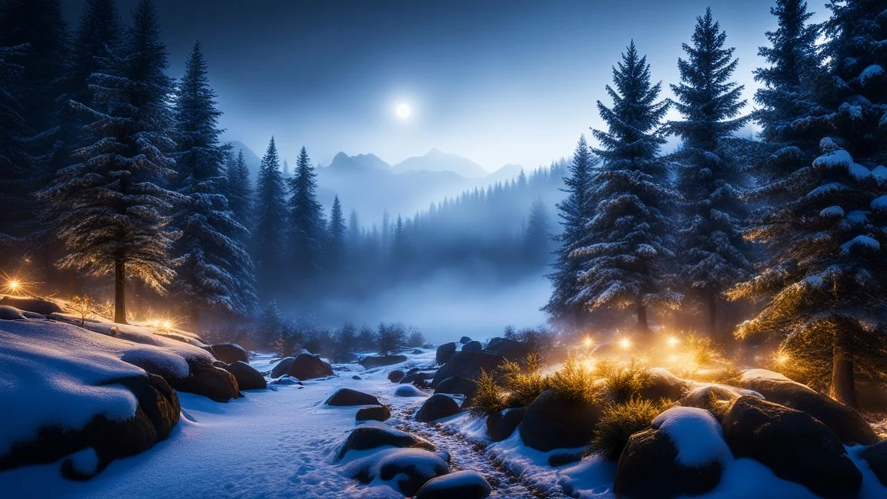 fir forrest scenery, heavy mist,valley,creek,forest,christmas ,tree,,nature,night,snow,fir tree,high-quality photograph,zeiss prime lens, bokeh , high detail, smooth render, unreal engine 5, dust effect, vivid colors,night