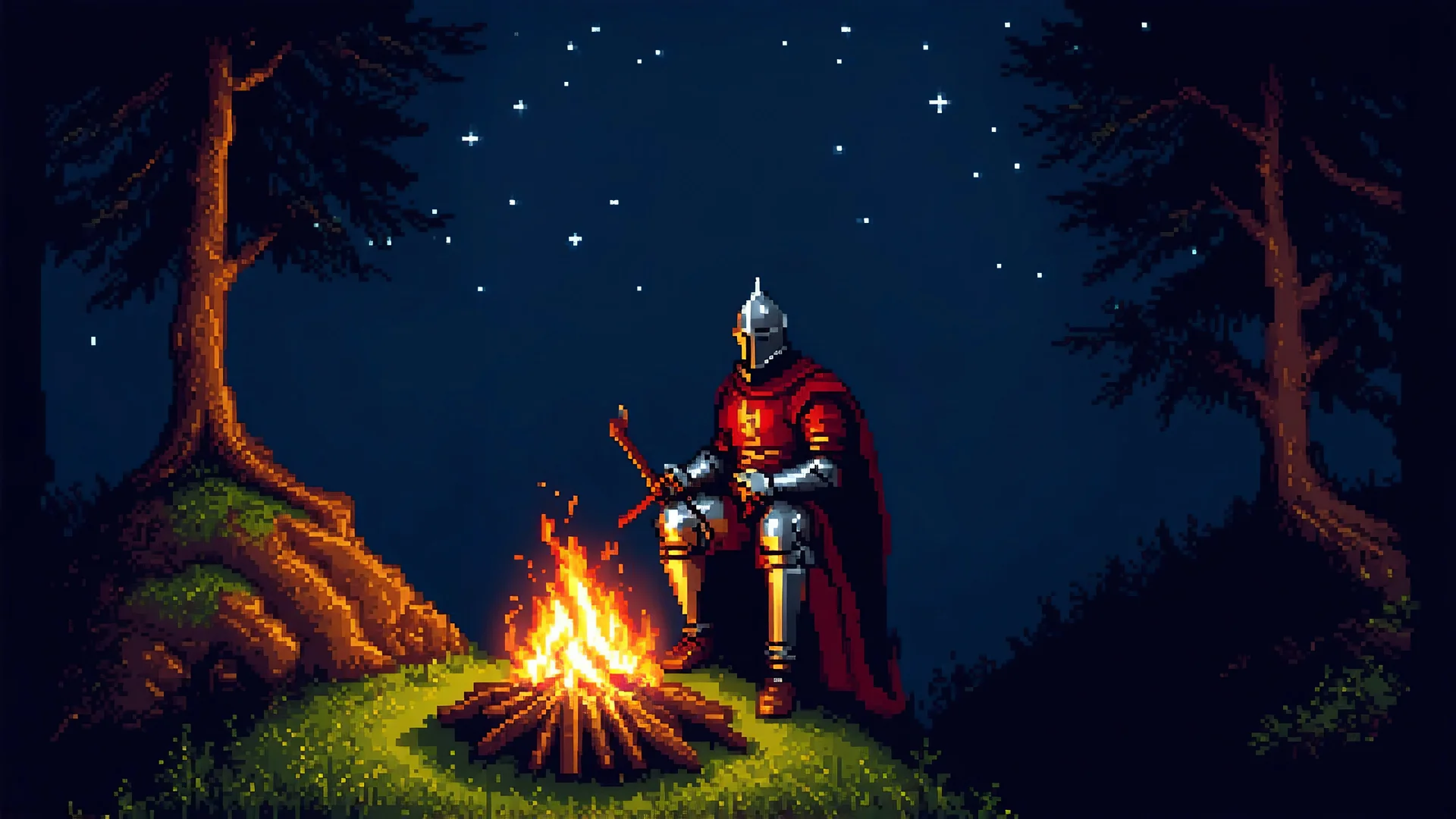 A knight sitting near campfire alone in a dark forest at night on top of a hill, pixel-art. Dark, medieval, fantasy, magical. Inspired by dark souls, game of thrones, and lord of the rings. You can see a starry night sky. The knight should be off centered.