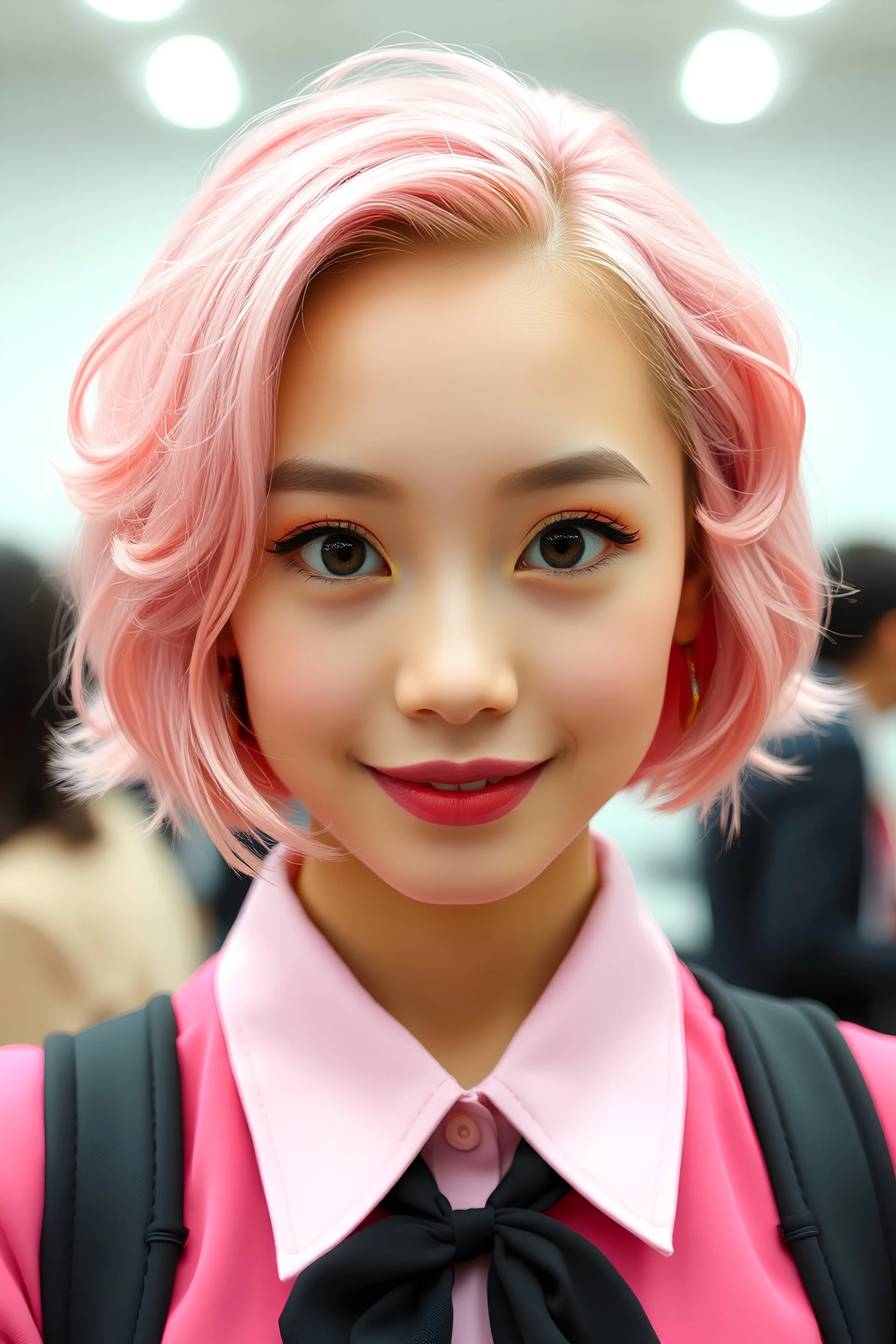 masterpiece, best quality, expressive eyes, face focus, 1woman, portrait, pink clothing, modern clothing, cute, smile, pink hair, short bob, curly bob, brown eyes, private college uniform