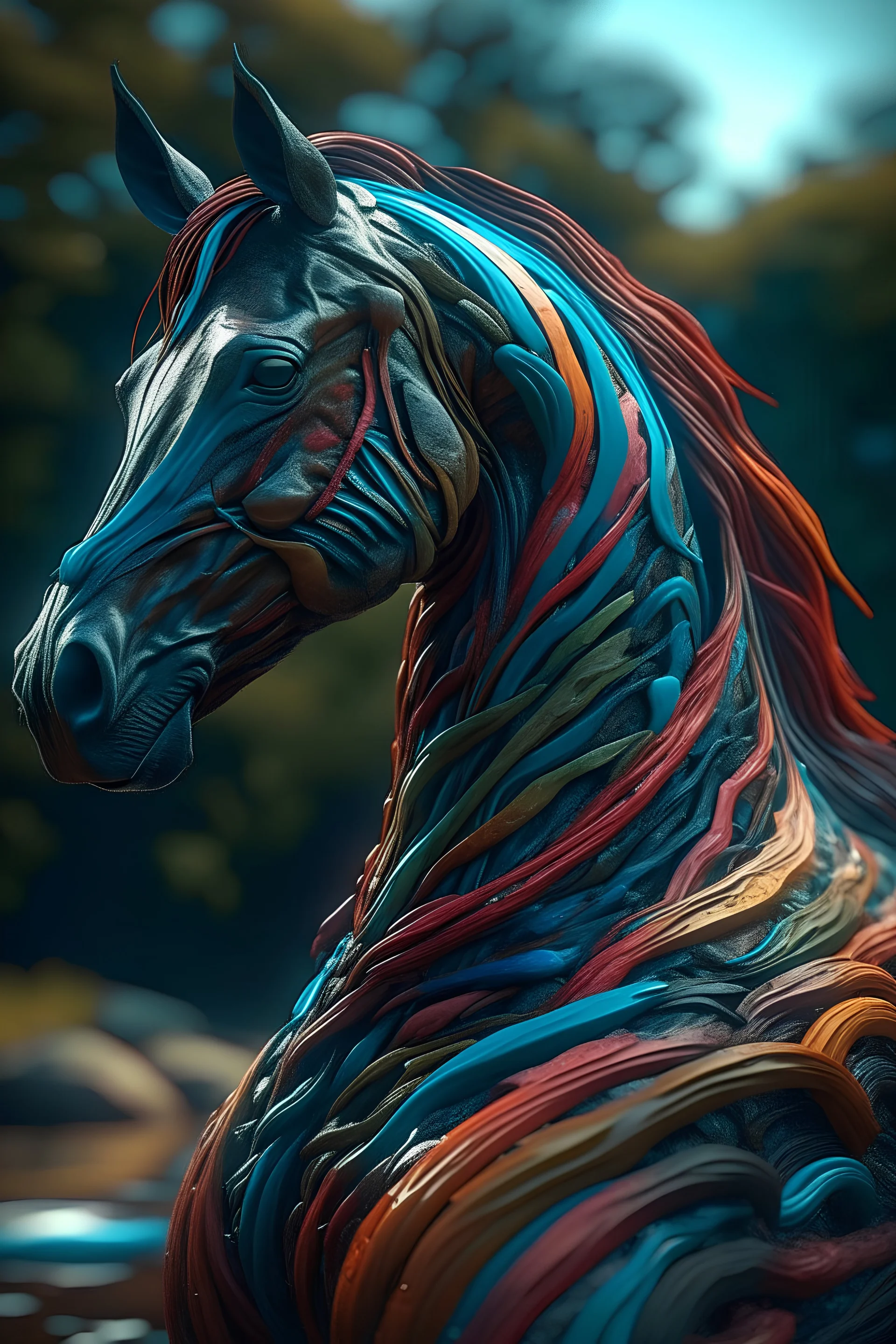 style of Tony Cragg, a fantasy horse, the most beautiful image ever seen,masterpiece, perfect anatomy,epic composition, epic scenery,8k,UHD, dslr,cinematic lighting ,artistic pallet, gallery quality,dynamic range,vivid color, color harmony,