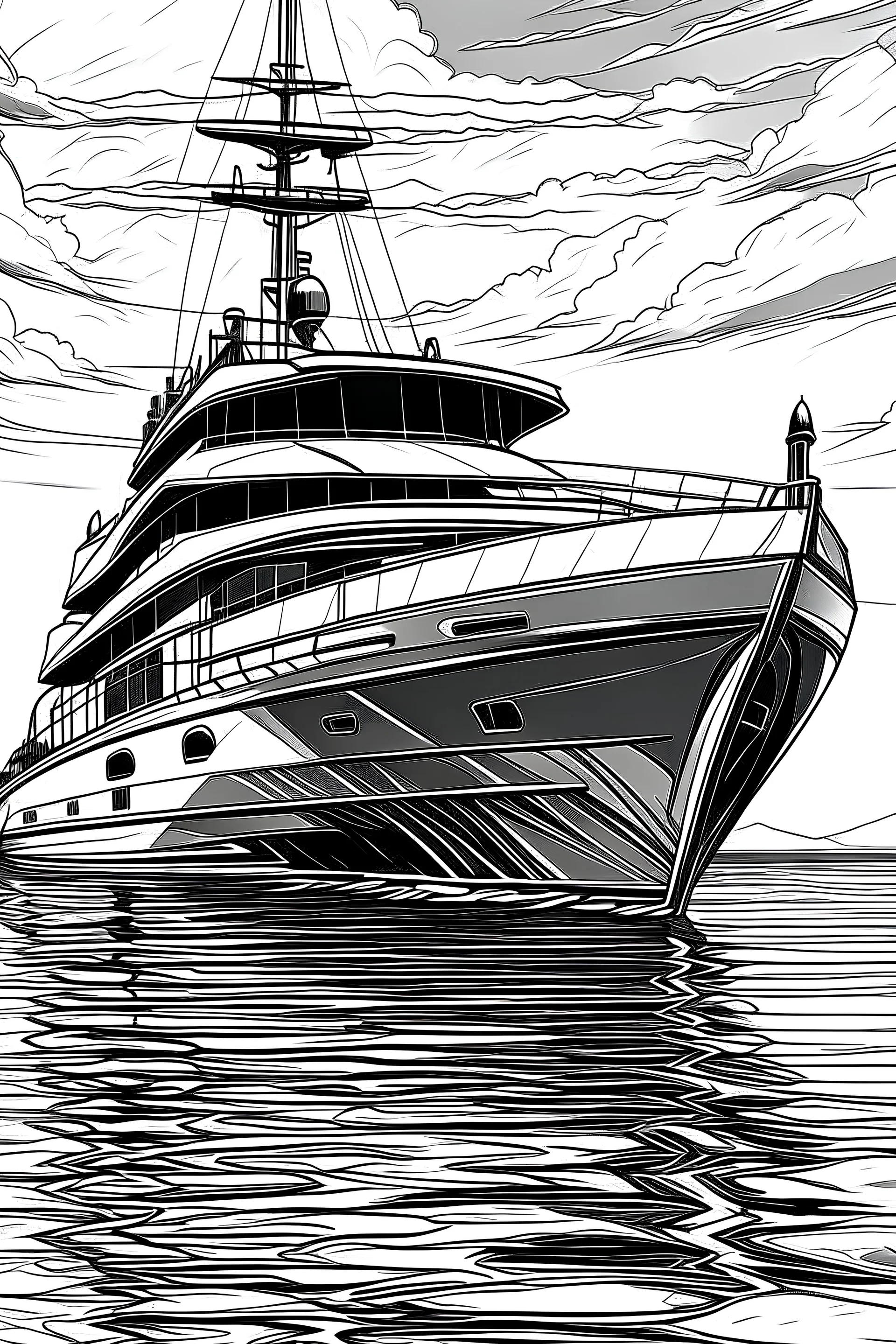 Outline art, no shading, yatch, black and white, low detail, --ar 9:11