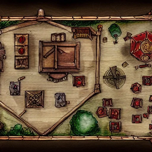 dnd, fantasy, battlemap, map of a tavern, top-down, demonic tavern, red, illustration, watercolour, parchment, fire