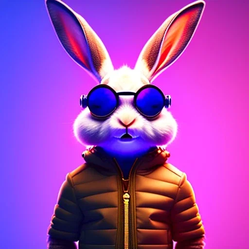 pixar style anamorphic cute rabbit baby, smiling, cyberpunk headphone, sunglass, gangsta gold neckless, full body, magenta puffer jacket, manila city backdrop, dramatic lighting, hyper realistic, unreal engine 5, 16k