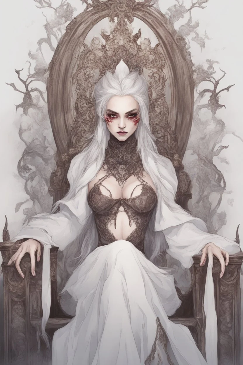 Vampire queen with white hair sitting on throne