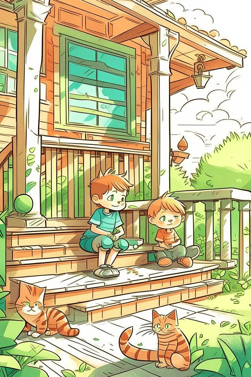 kids illustration, Cats on the porch, cartoon style, thick lines, low detail, water color shaded