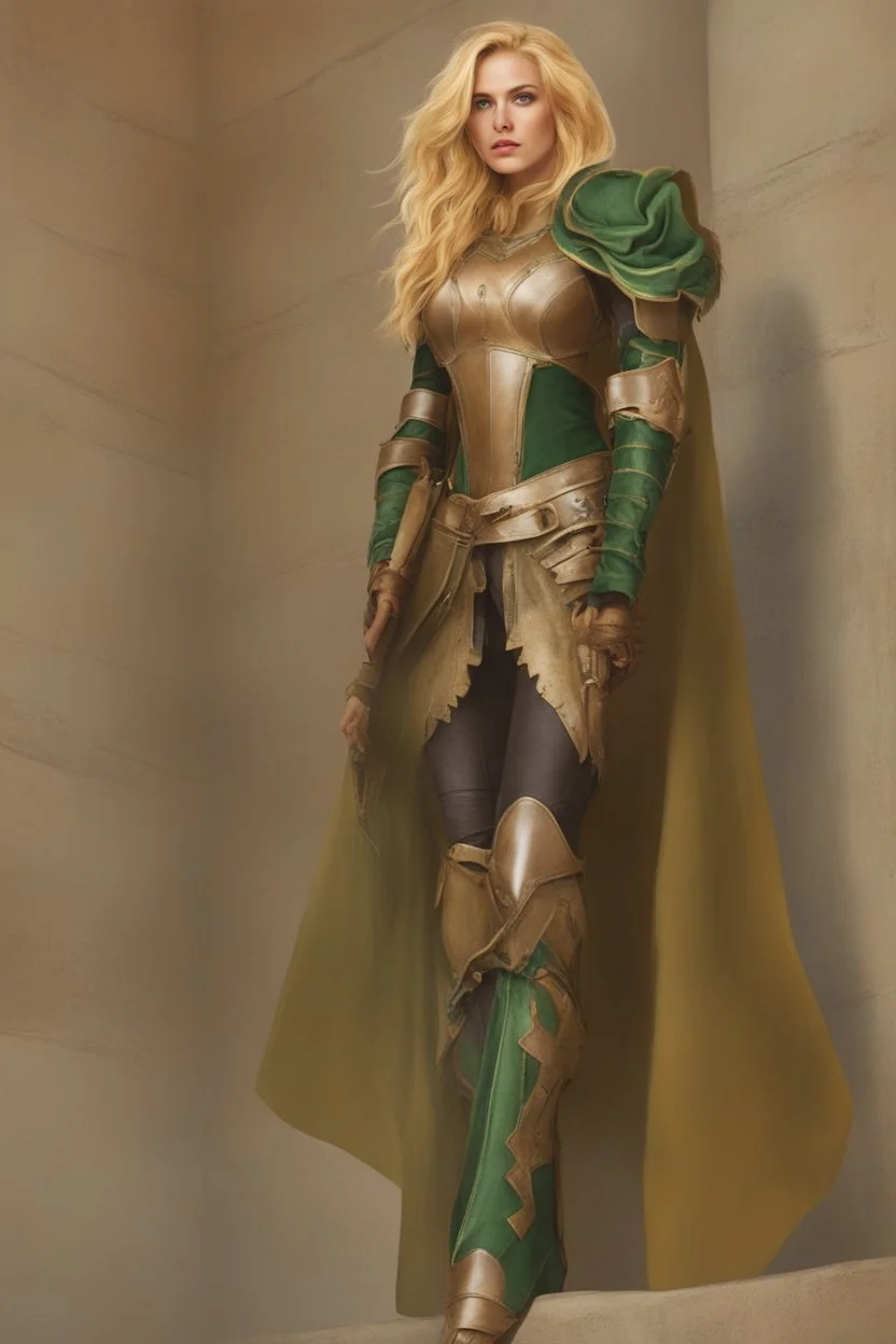 A beautiful woman with blond hair and green eyes. leather armor.