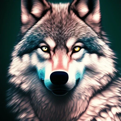 Wolf, white, hyperrealism, masterpiece, expert, 8K, sharp focus, cinematic lighting, pink, green, blue, pastel