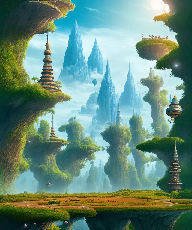 giant object with tiny people looking up at it , foreground, middle ground, far ground* Fantasy world landscape