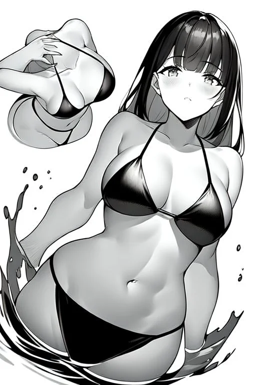 slim girl in a bikini floats in the water, top view, greyscale